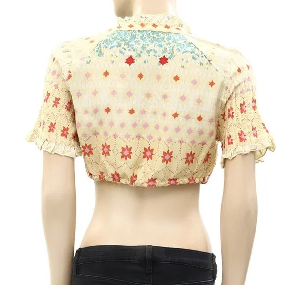 Free People Ditsy Floral Printed Cropped Top Ruffle Beige Buttondown S - Picture 4 of 4